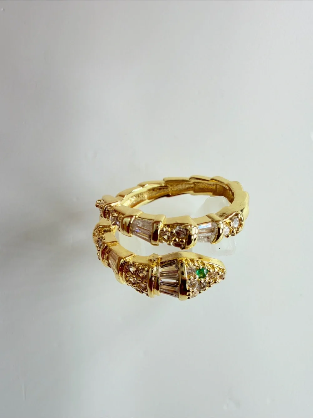 Gold Serpent-Style Ring with  Green Crystal Accents